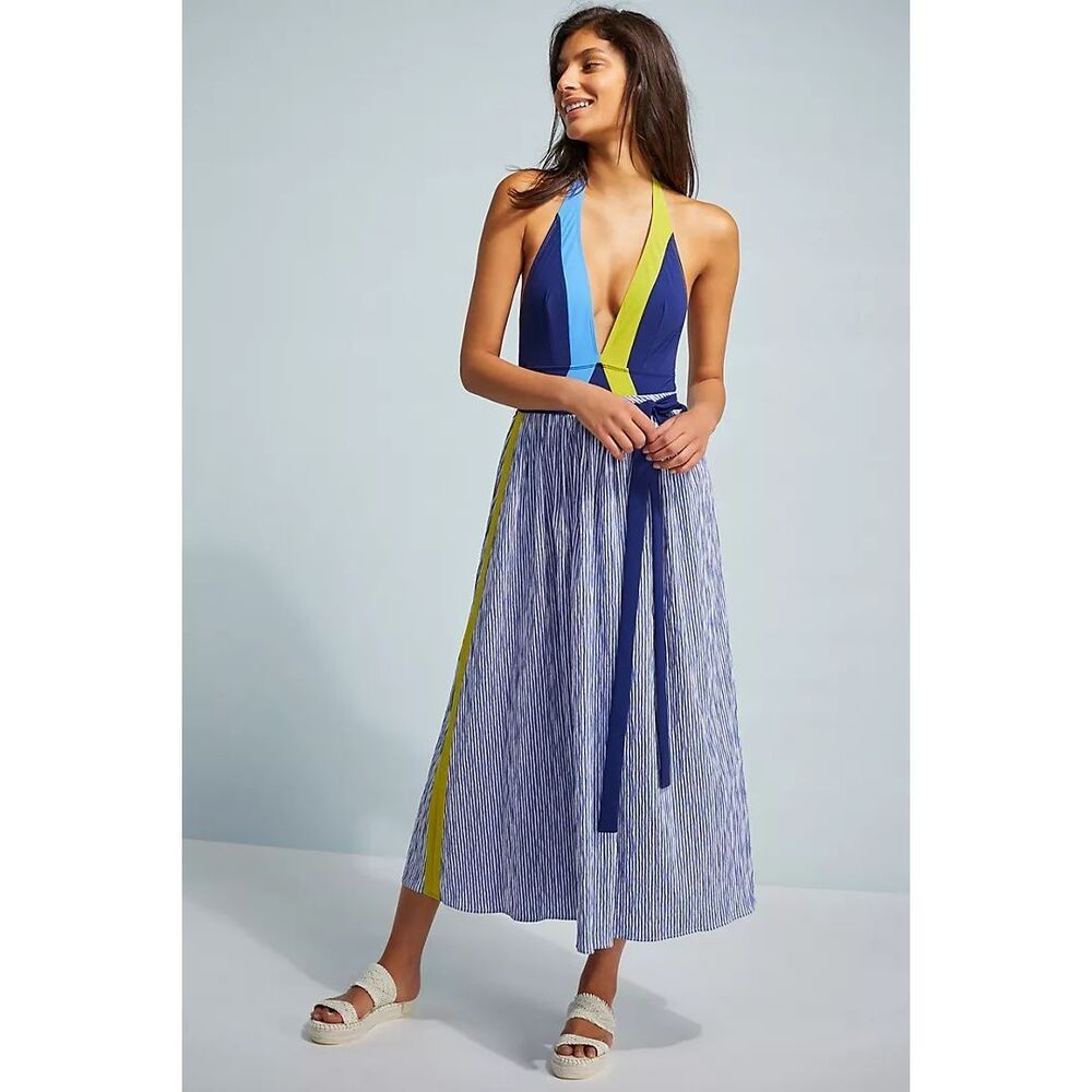 Anthropologie Flagpole Frida Seersucker Cover-Up Skirt Maxi Pockets Blue/ White